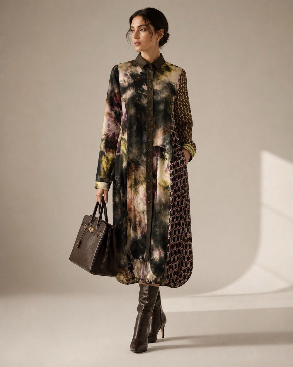 Alembika Supernova Button Up Collared Long Sleeve Multi Midi Dress Size 2 USA M